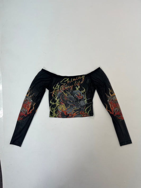 off the shoulder dragon mesh long sleeve