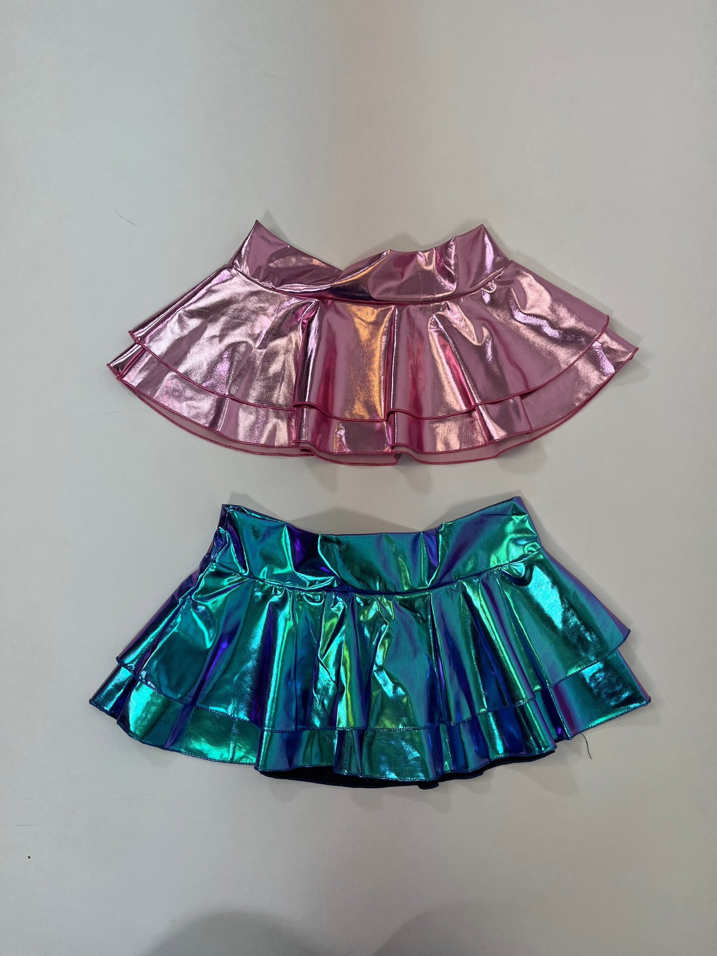 metallic ruffle mini skirts