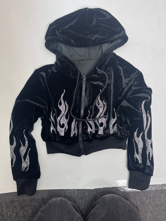 rhinestone flame velvet zip up